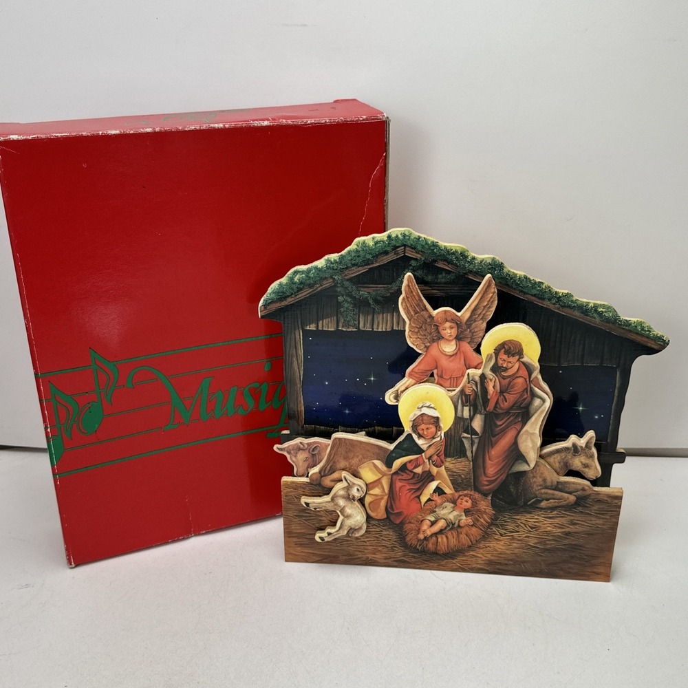 Vintage Nativity Scene Wooden Musical Display Roman Inc Innovation 290200